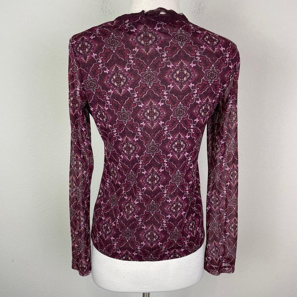 Vintage New York & Co. Maroon Geometric Floral Mesh Knit Babydoll Top Small - Picture 5 of 11